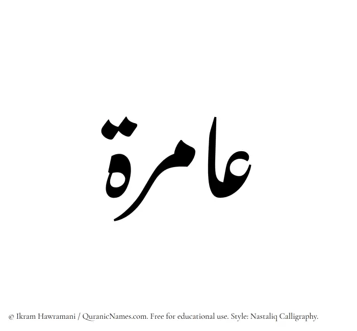 The Muslim name word Aamira written in Nastaliq calligraphic script
