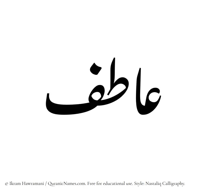 The Muslim name word Aatif written in Nastaliq calligraphic script