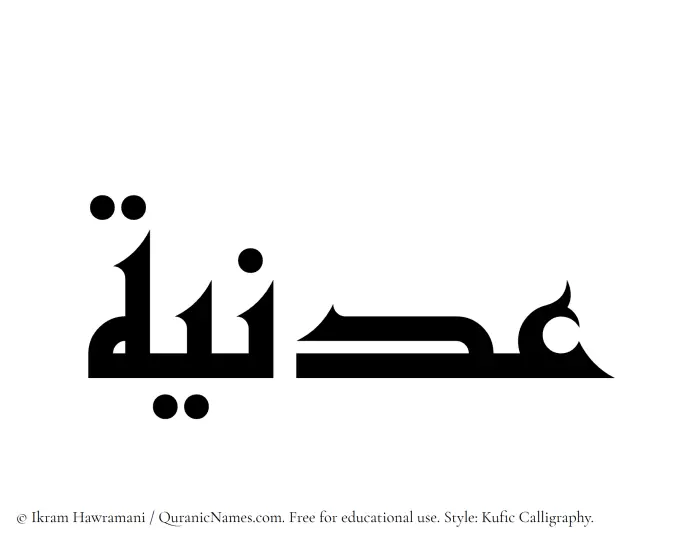 The Muslim name Adaniyyah written in Kufi/Kufic calligraphic script