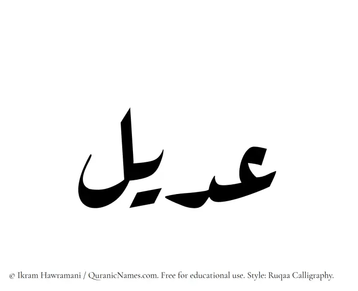 The Muslim name Adeel written in Ruqaa calligraphic script