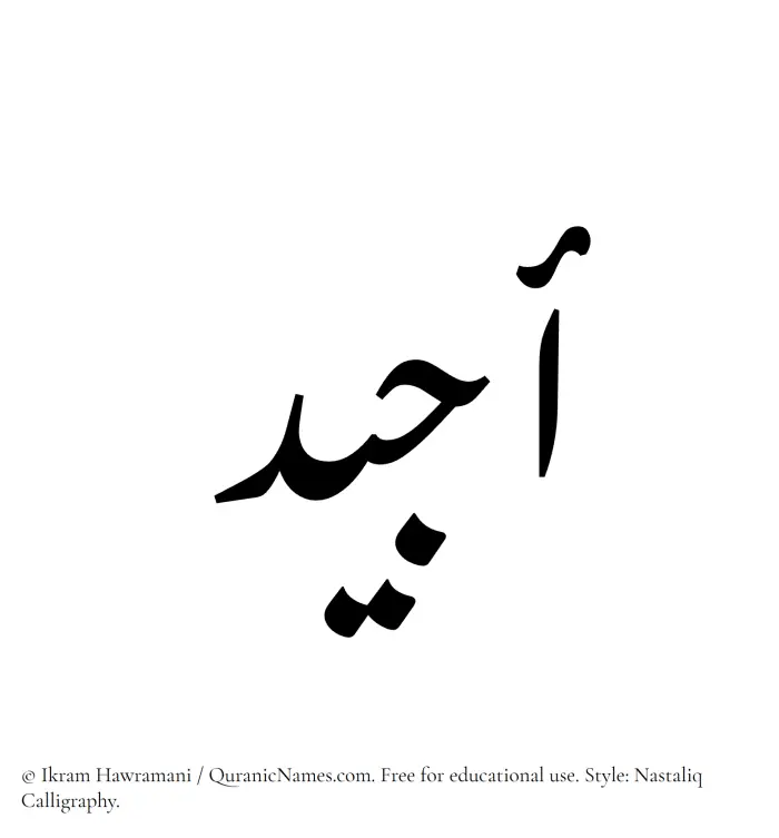 The Muslim name word Ajiad written in Nastaliq calligraphic script