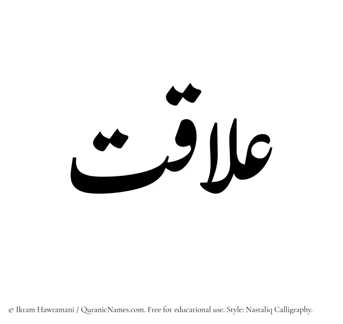 The Muslim name word Alaqat written in Nastaliq calligraphic script