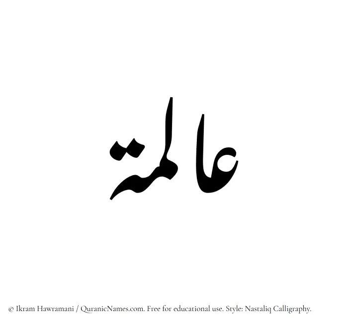 The Muslim name word Alima written in Nastaliq calligraphic script