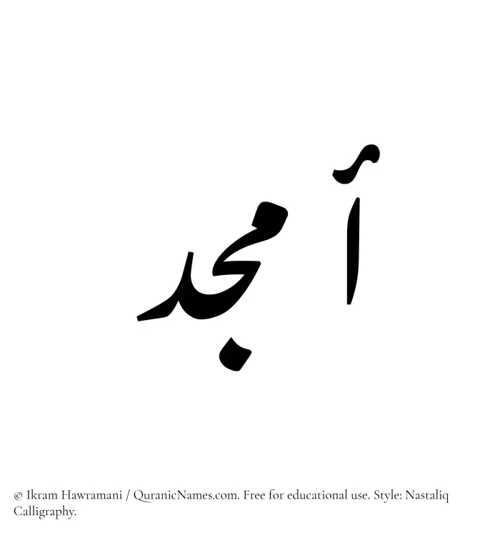 The Muslim name word Amjad written in Nastaliq calligraphic script