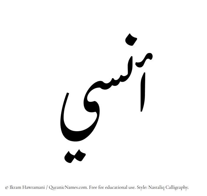 The Muslim name word Anasi written in Nastaliq calligraphic script