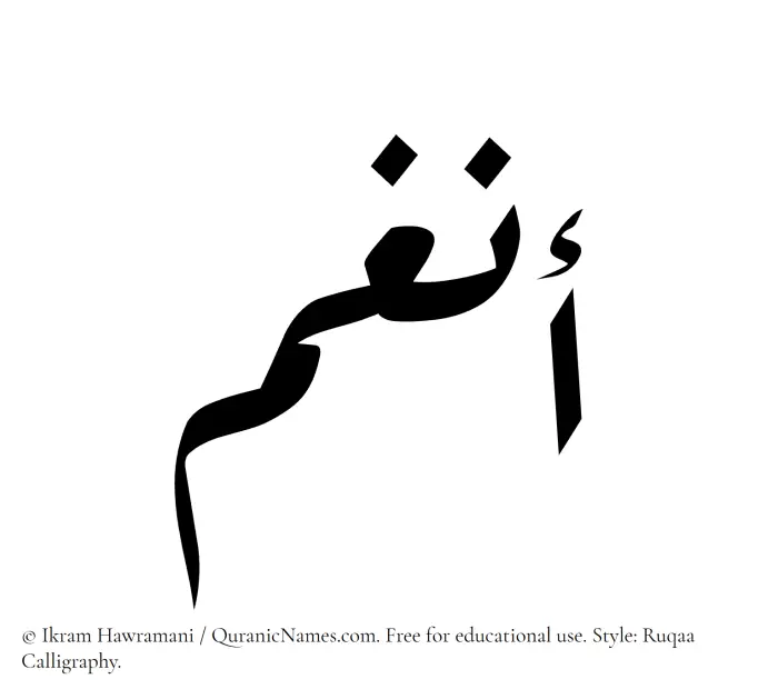 The Muslim name Anghum written in Ruqaa calligraphic script