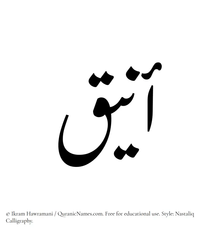 The Muslim name word Aniq written in Nastaliq calligraphic script