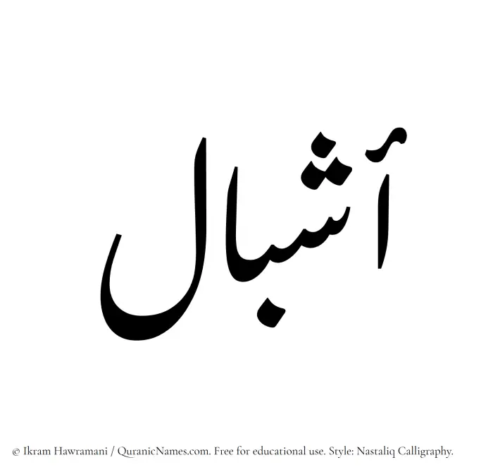 The Muslim name word Ashbal written in Nastaliq calligraphic script