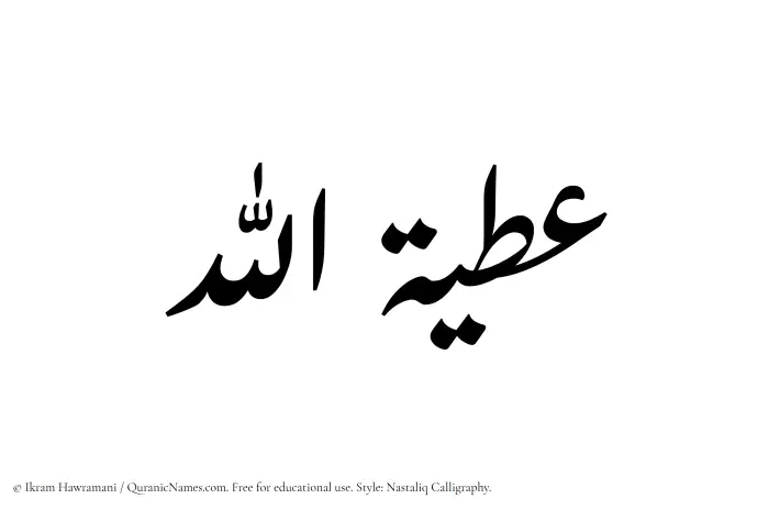 The Muslim name word Atiyyatullah written in Nastaliq calligraphic script