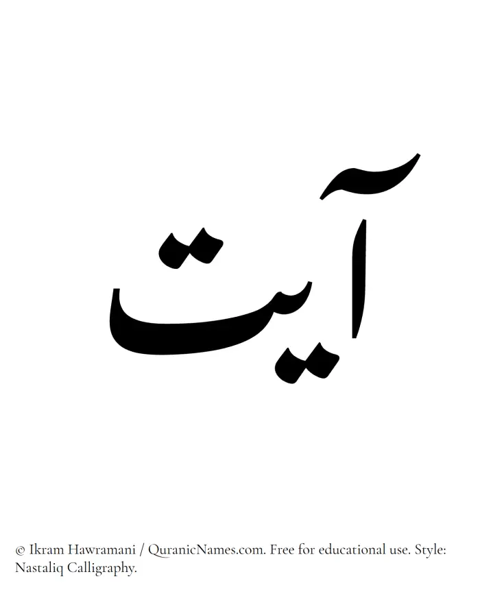 The Muslim name word Ayat written in Nastaliq calligraphic script