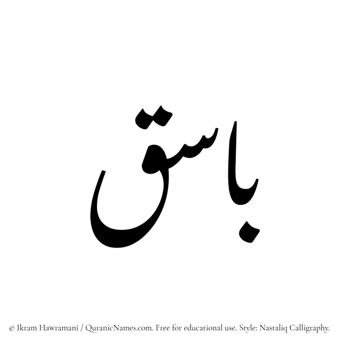The Muslim name word Basiq written in Nastaliq calligraphic script