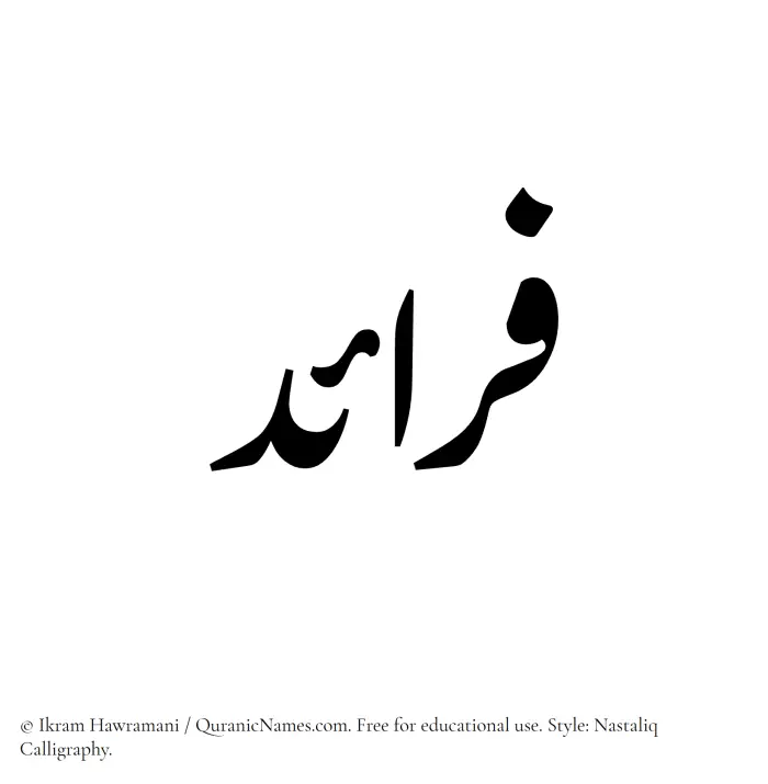 The Muslim name word Faraaid written in Nastaliq calligraphic script