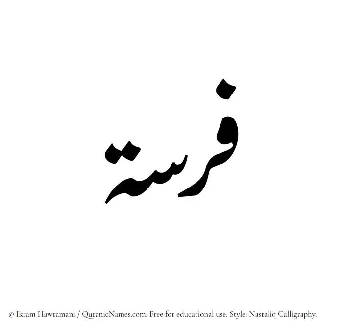 The Muslim name word Farasah written in Nastaliq calligraphic script