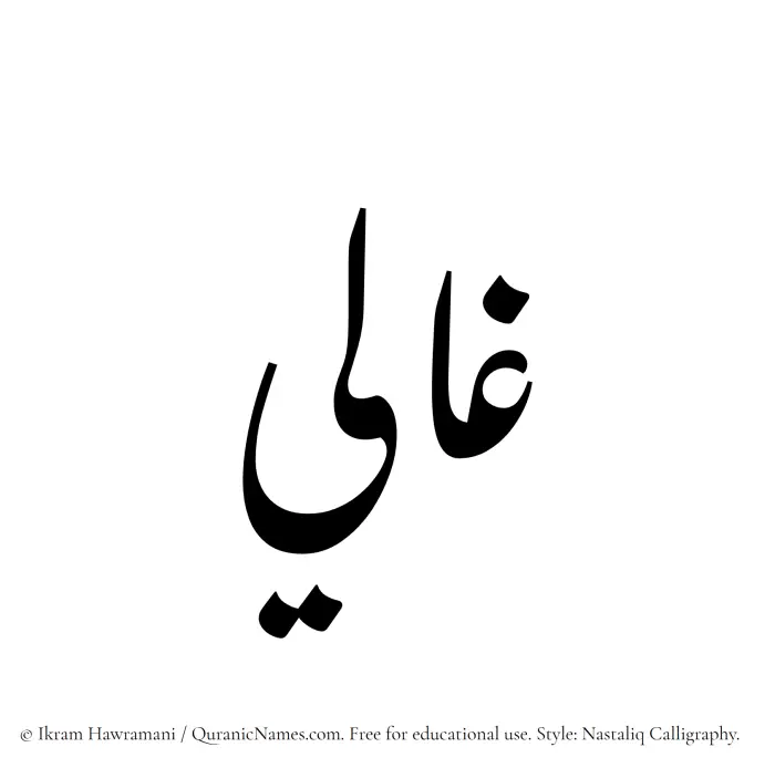 The Muslim name word Ghali written in Nastaliq calligraphic script