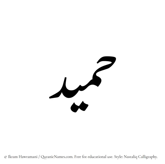 The Muslim name word Humaid written in Nastaliq calligraphic script