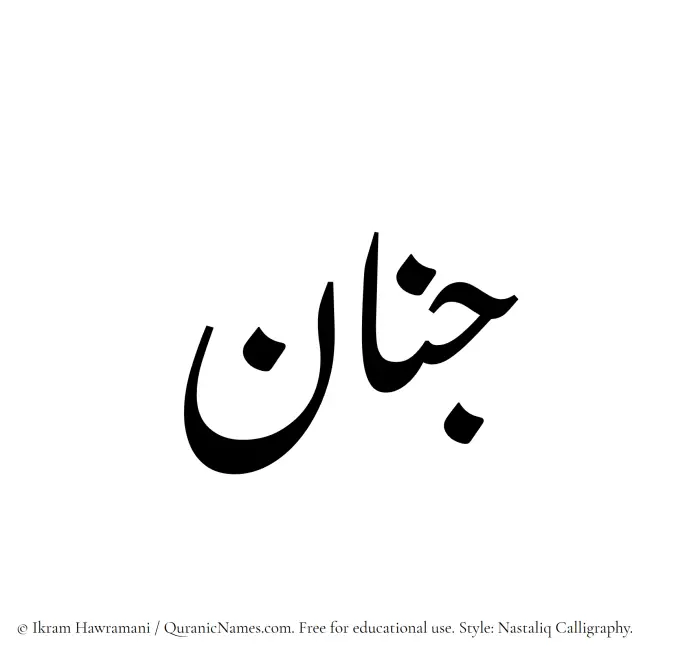 The Muslim name word Jinan written in Nastaliq calligraphic script