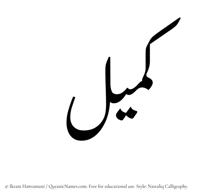 The Muslim name word Kameel written in Nastaliq calligraphic script