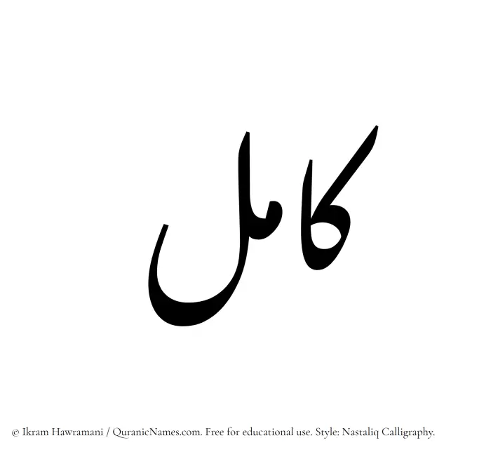 The Muslim name word Kamil written in Nastaliq calligraphic script