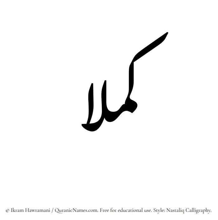 The Muslim name word Kamillaa written in Nastaliq calligraphic script