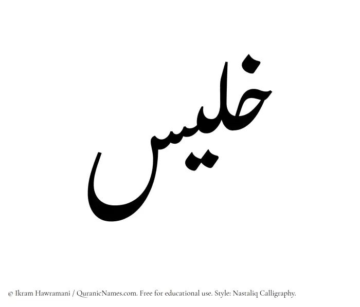 The Muslim name word Khalees written in Nastaliq calligraphic script