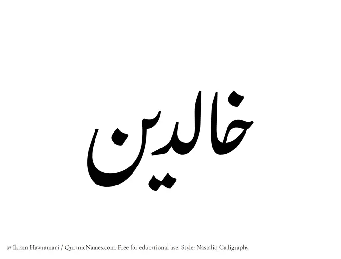 The Muslim name word Khalidin written in Nastaliq calligraphic script