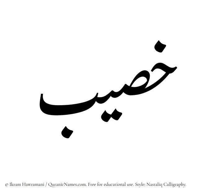 The Muslim name word Khaseeb written in Nastaliq calligraphic script