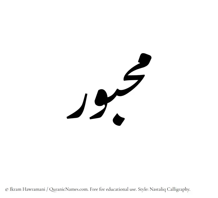 The Muslim name word Mahbur written in Nastaliq calligraphic script