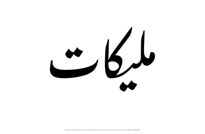 The Muslim name word Malikaat written in Nastaliq calligraphic script