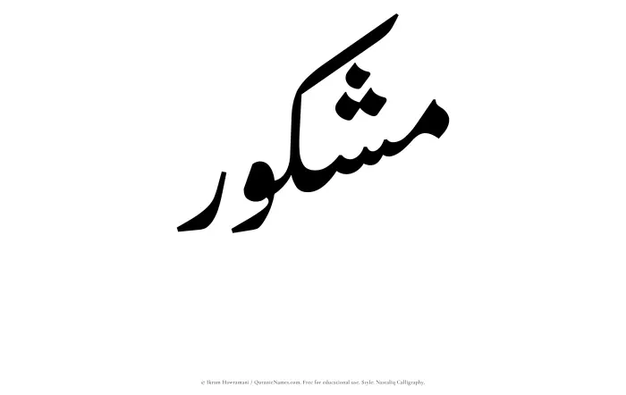 The Muslim name word Mashkur written in Nastaliq calligraphic script