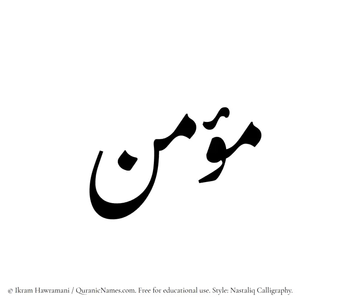 The Muslim name word Moumin written in Nastaliq calligraphic script