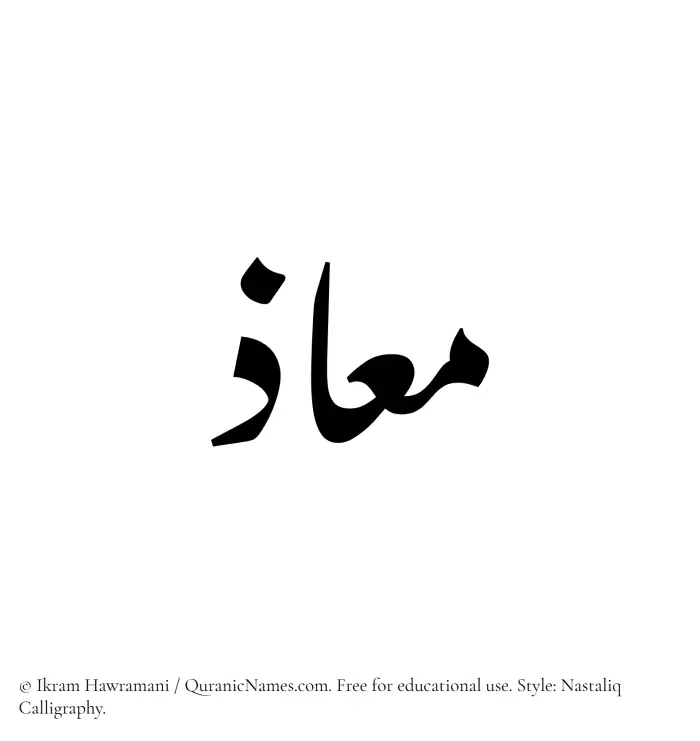 The Muslim name word Muaz written in Nastaliq calligraphic script