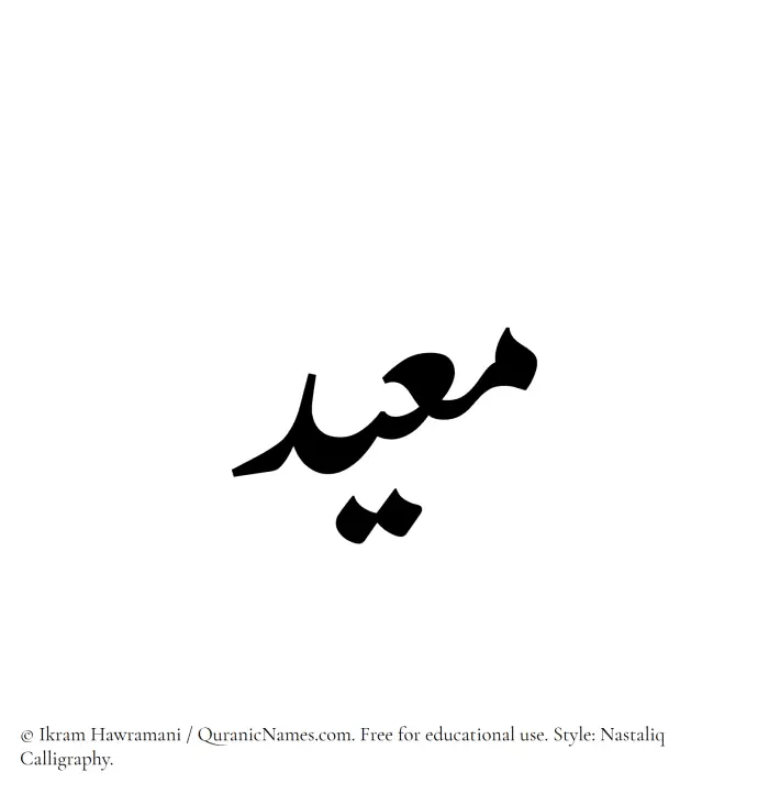 The Muslim name word Mueid written in Nastaliq calligraphic script