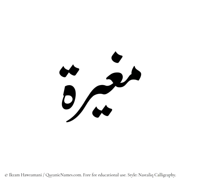 The Muslim name word Mughirah written in Nastaliq calligraphic script