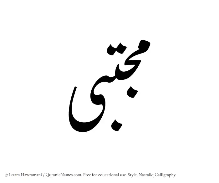 The Muslim name word Mujtaba written in Nastaliq calligraphic script