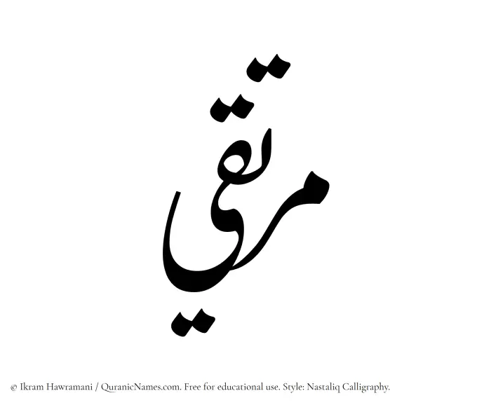 The Muslim name word Murtaqi written in Nastaliq calligraphic script