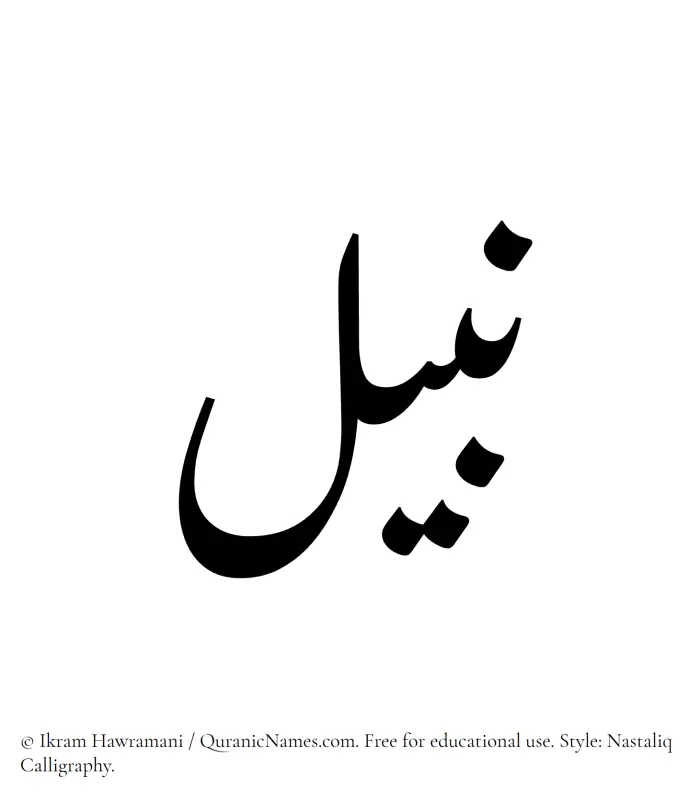 The Muslim name word Nabeel written in Nastaliq calligraphic script