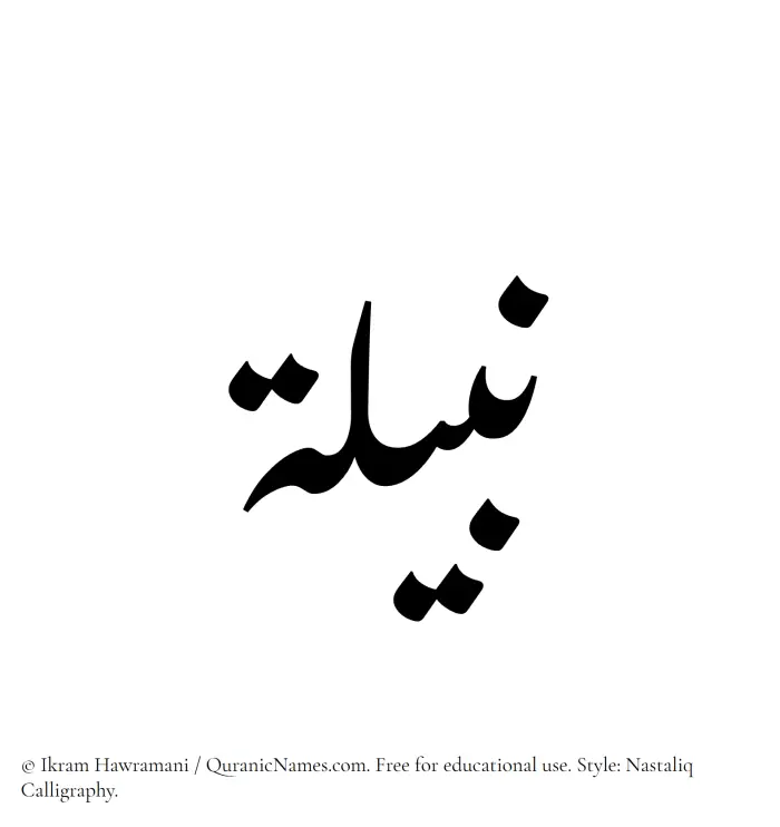 The Muslim name word Nabeela written in Nastaliq calligraphic script