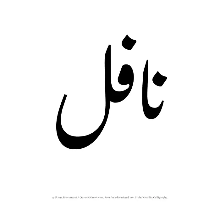 The Muslim name word Nafil written in Nastaliq calligraphic script