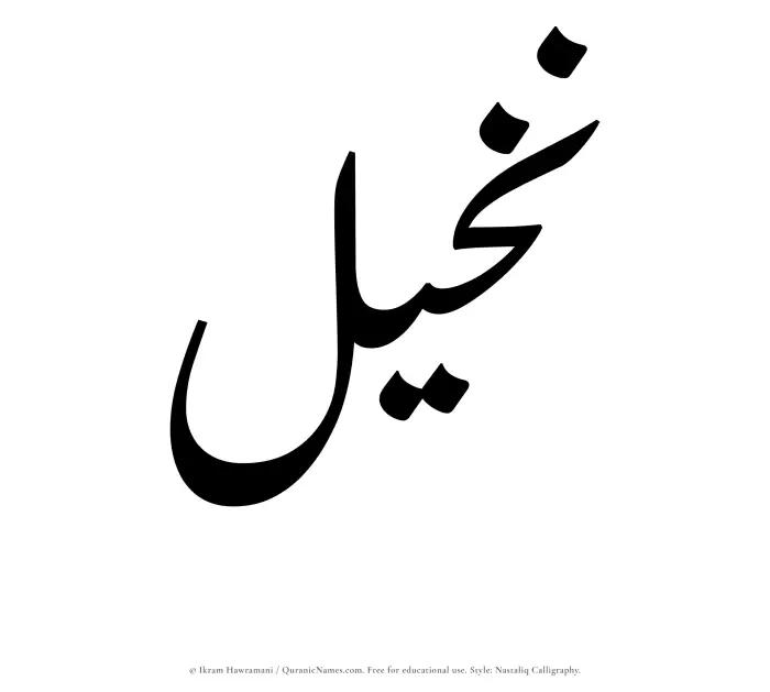 The Muslim name word Nakheel written in Nastaliq calligraphic script