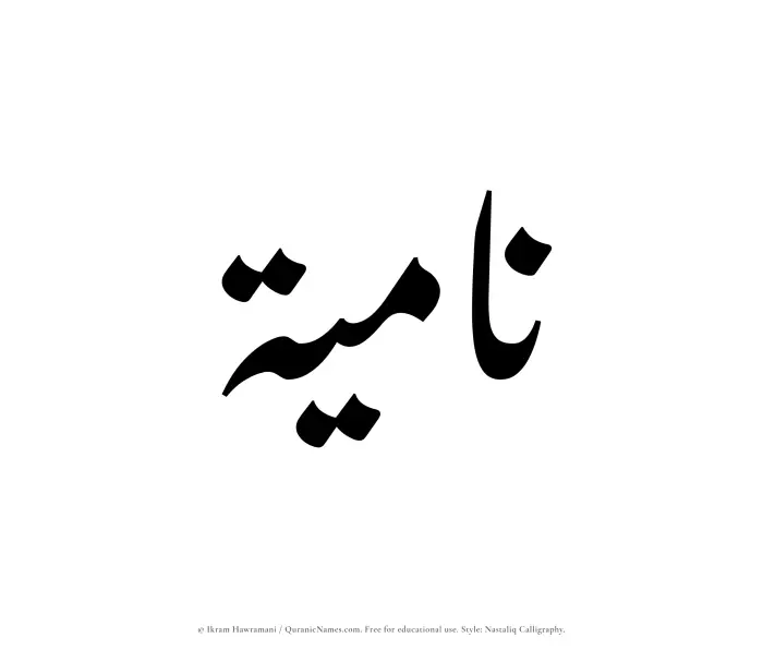 The Muslim name word Namiyah written in Nastaliq calligraphic script