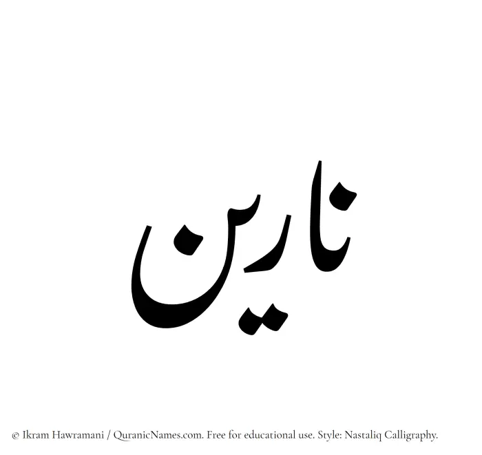 The Muslim name word Nareen written in Nastaliq calligraphic script