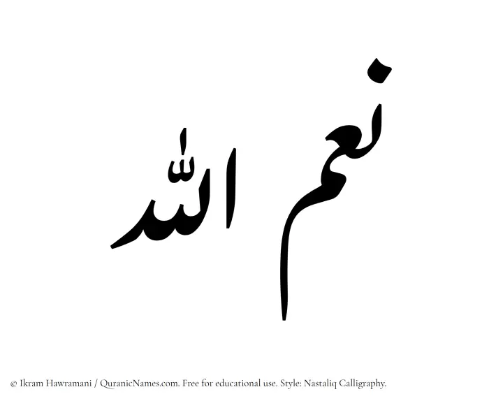 The Muslim name word Niamullah written in Nastaliq calligraphic script