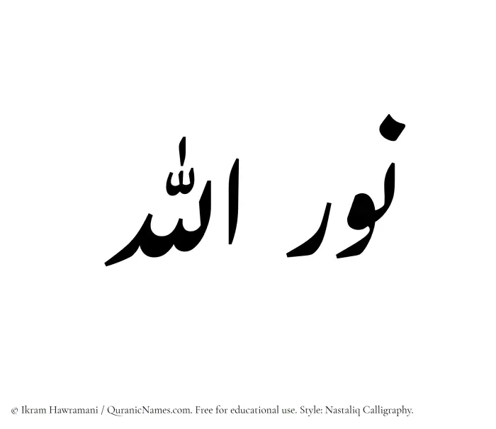 The Muslim name word Nurullah written in Nastaliq calligraphic script