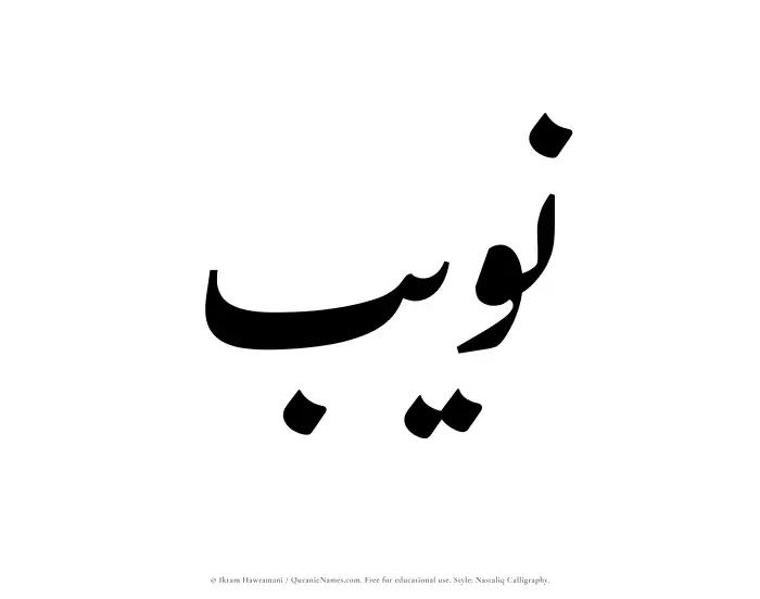 The Muslim name word Nuwaib written in Nastaliq calligraphic script
