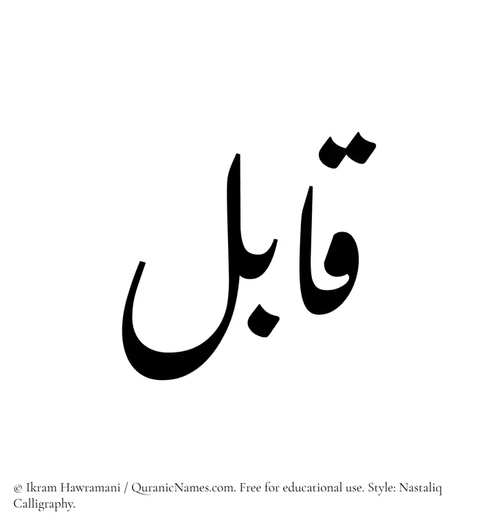 The Muslim name word Qabil written in Nastaliq calligraphic script