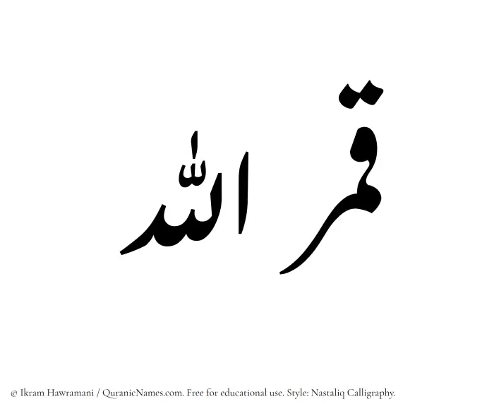 The Muslim name word Qamarullah written in Nastaliq calligraphic script