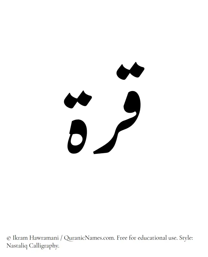 The Muslim name word Qurrat written in Nastaliq calligraphic script