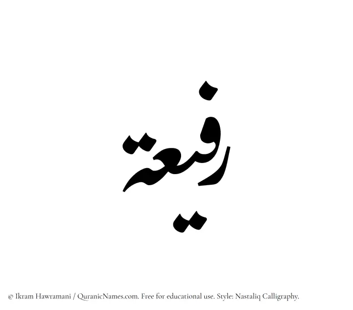 The Muslim name word Rafeea written in Nastaliq calligraphic script