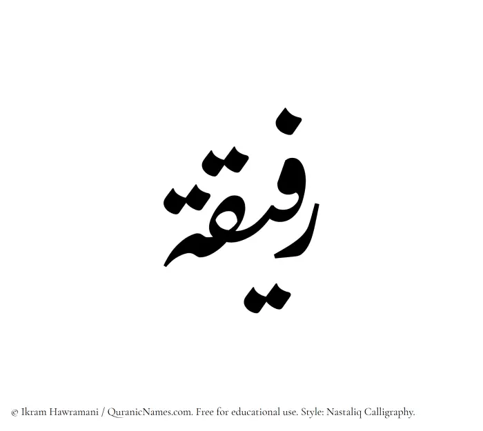 The Muslim name word Rafeeqa written in Nastaliq calligraphic script