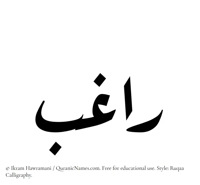 The Muslim name Raghib written in Ruqaa calligraphic script